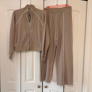 SPANX Taupe Jacket and Pants Set with White Piping